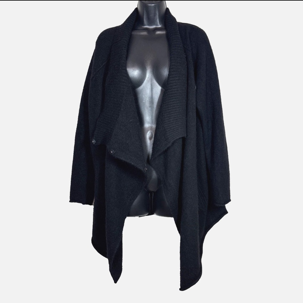 360 Sweater L Cashmere cardigan open snaps draped wrap design